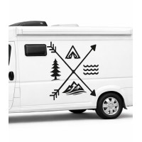 Pegatina para caravana con flechas cruzadas de temática de camping y naturaleza, pegatina todoterreno