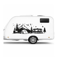 Caravan Camping Scenery Sticker – Mountain, Tent and Caravan Silhouette Car Sticker
