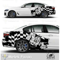 Tasmanian Devil Car Rear Mudguard Top Sticker. Chequered Flag Car Sticker