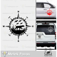 Autocollant chien de chasse et boussole. Autocollant boussole de chasse