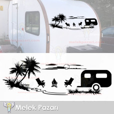 Autocollant pour caravane représentant un paysage de coucher de soleil avec palmier