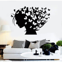 Autocollant mural femme aux cheveux ornés de papillons Autocollant mural femme aux cheveux ornés de papillons