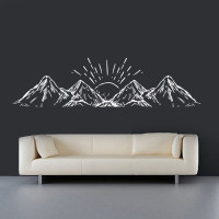 Adhesivo de pared de atardecer y montañas